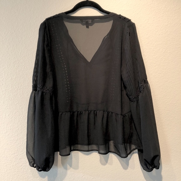 Express Sheer Black Pleated Long Sleeve Peplum Top - Picture 7 of 7